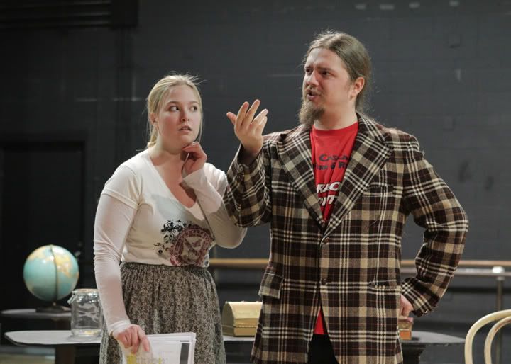 (LtoR) a globe, a jar, an actress looking to her left, an actor acting in a loud plaid (LtoR) a globe, a jar, an actress looking to her left, an actor acting in a loud plaid