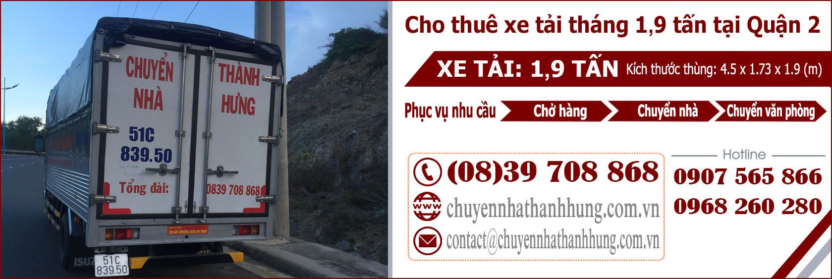 Cho thuê xe tải tháng 1,9t tại Quận 2