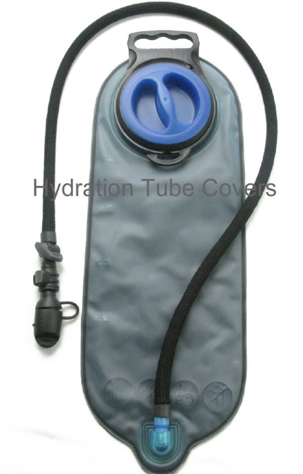 Black Nylon Braid Hydration Drink Tube Cover on a Water Bladder, GO IN STYLE and ADD Color with Insulation to your Hydration Pack Drink TUBE!!! Match your drink tube with your Camelbak or Hydration Pack. Don't let the sun rays heat up your drink tube. Protect against those weather conditions.. cold or hot weather... Protect, Conceal, and Insulate your Camelbak or Hydration Pack Drink tube with this 36" tube cover. These nylon braided tube covers will fit up to a 1/2" bare drink tube.