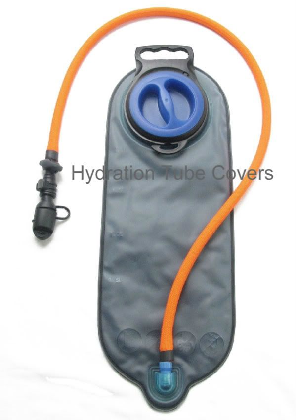 Florescent Orange Nylon Braid Hydration Drink Tube Cover on a Water Bladder, GO IN STYLE and ADD Color with Insulation to your Hydration Pack Drink TUBE!!! Match your drink tube with your Camelbak or Hydration Pack. Don't let the sun rays heat up your drink tube. Protect against those weather conditions.. cold or hot weather... Protect, Conceal, and Insulate your Camelbak or Hydration Pack Drink tube with this 36" tube cover. These nylon braided tube covers will fit up to a 1/2" bare drink tube.