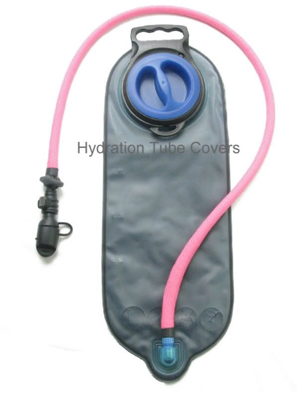 Hot Pink Nylon Braid Hydration Drink Tube Cover on a Water Bladder, GO IN STYLE and ADD Color with Insulation to your Hydration Pack Drink TUBE!!! Match your drink tube with your Camelbak or Hydration Pack. Don't let the sun rays heat up your drink tube. Protect against those weather conditions.. cold or hot weather... Protect, Conceal, and Insulate your Camelbak or Hydration Pack Drink tube with this 36" tube cover. These nylon braided tube covers will fit up to a 1/2" bare drink tube.