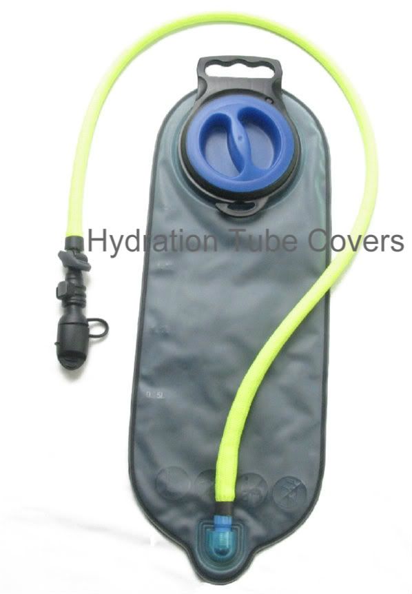 Neon Yellow Nylon Braid Hydration Drink Tube Cover on a Water Bladder, GO IN STYLE and ADD Color with Insulation to your Hydration Pack Drink TUBE!!! Match your drink tube with your Camelbak or Hydration Pack. Don't let the sun rays heat up your drink tube. Protect against those weather conditions.. cold or hot weather... Protect, Conceal, and Insulate your Camelbak or Hydration Pack Drink tube with this 36" tube cover. These nylon braided tube covers will fit up to a 1/2" bare drink tube.