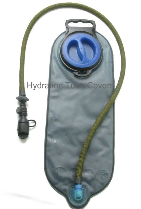 OD Green Nylon Braid Hydration Drink Tube Cover on a Water Bladder, GO IN STYLE and ADD Color with Insulation to your Hydration Pack Drink TUBE!!! Match your drink tube with your Camelbak or Hydration Pack. Don't let the sun rays heat up your drink tube. Protect against those weather conditions.. cold or hot weather... Protect, Conceal, and Insulate your Camelbak or Hydration Pack Drink tube with this 36" tube cover. These nylon braided tube covers will fit up to a 1/2" bare drink tube.