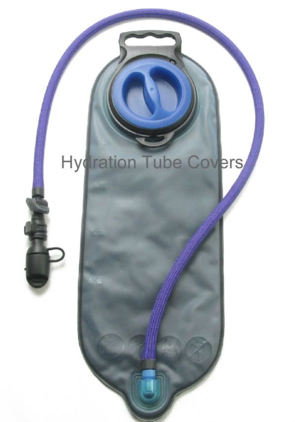 Purple Nylon Braid Hydration Drink Tube Cover on a Water Bladder, GO IN STYLE and ADD Color with Insulation to your Hydration Pack Drink TUBE!!! Match your drink tube with your Camelbak or Hydration Pack. Don't let the sun rays heat up your drink tube. Protect against those weather conditions.. cold or hot weather... Protect, Conceal, and Insulate your Camelbak or Hydration Pack Drink tube with this 36" tube cover. These nylon braided tube covers will fit up to a 1/2" bare drink tube.