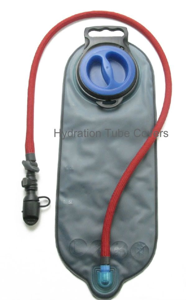 Red Nylon Braid Hydration Drink Tube Cover on a Water Bladder, GO IN STYLE and ADD Color with Insulation to your Hydration Pack Drink TUBE!!! Match your drink tube with your Camelbak or Hydration Pack. Don't let the sun rays heat up your drink tube. Protect against those weather conditions.. cold or hot weather... Protect, Conceal, and Insulate your Camelbak or Hydration Pack Drink tube with this 36" tube cover. These nylon braided tube covers will fit up to a 1/2" bare drink tube.