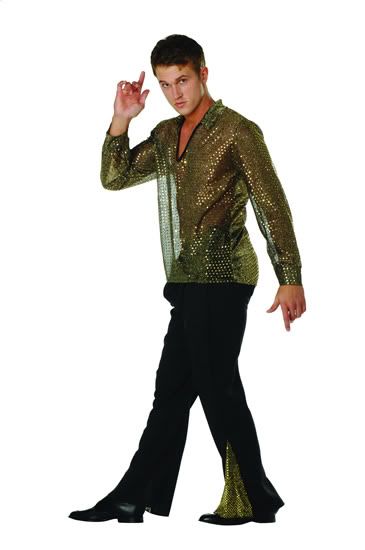 70S 70'S DISCO FEVER ADULT COSTUME GOLD SILVER SEQUIN SHIRT BELL BOTTOM ...