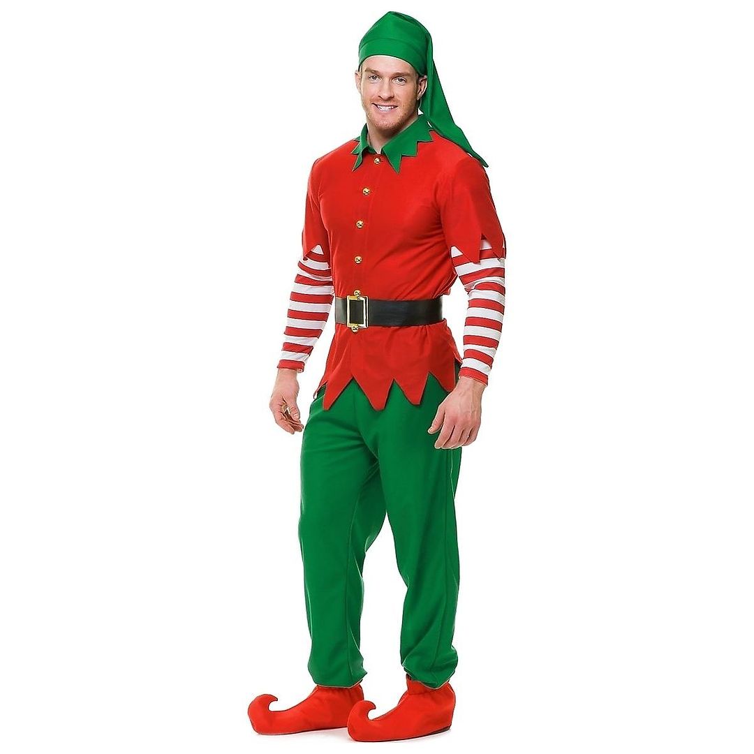 ADULT MENS ELF COSTUME HOLIDAY CHRISTMAS SANTA'S HELPER RED GREEN HAT ...