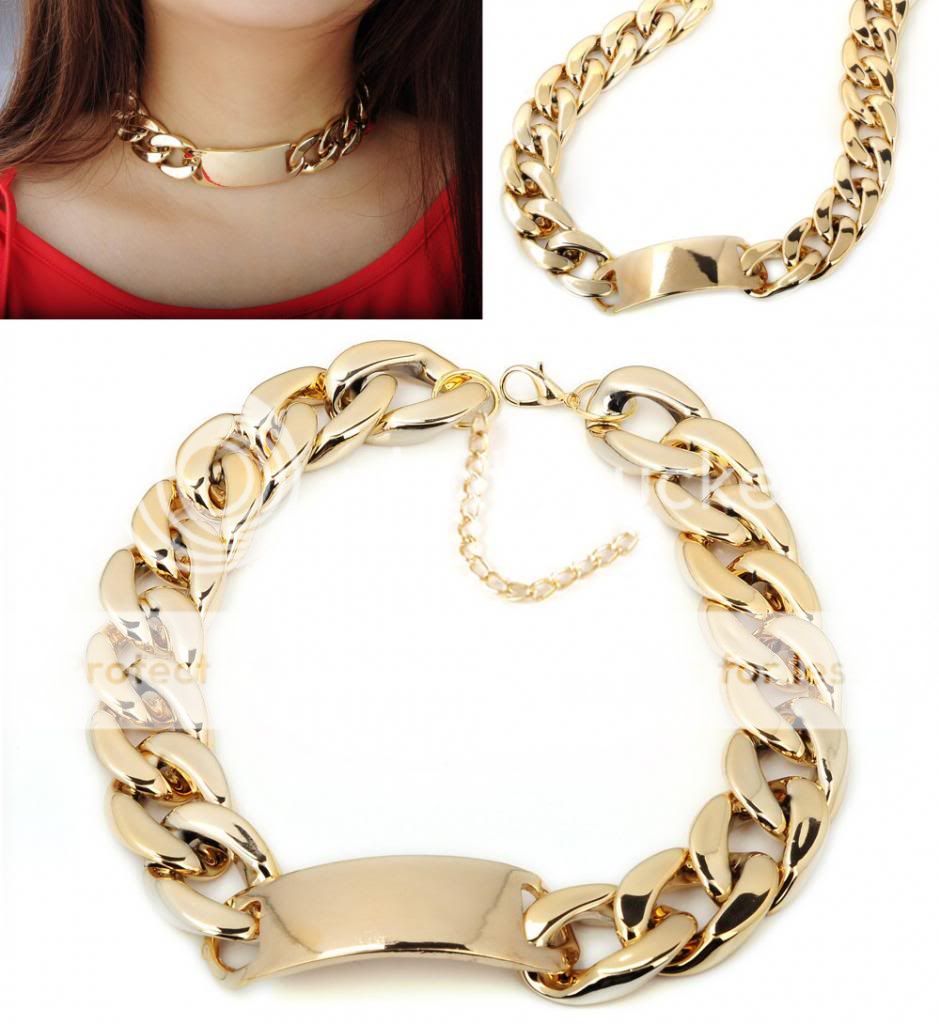 Fashion Aluminum Metal Link ID Chunky Chain Gold Plated Cuff Bracelet Necklace